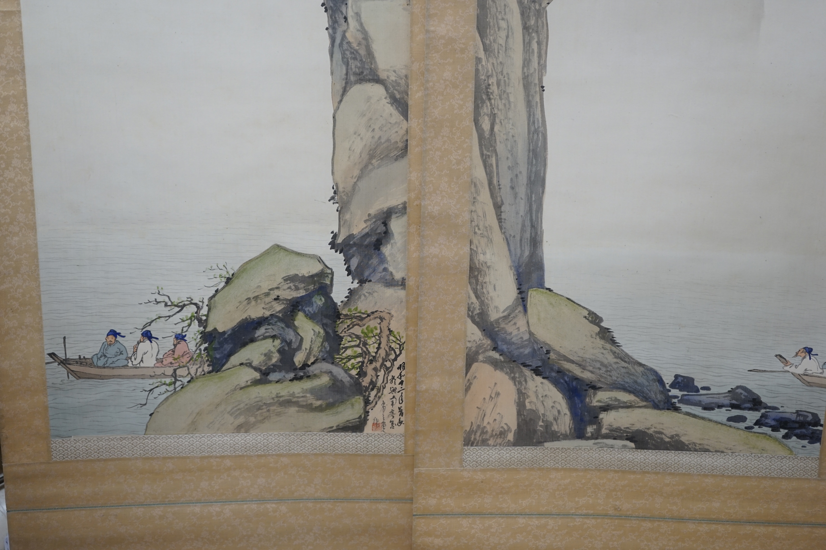 Kodama Kibou, a pair of landscape scrolls, 123cm x 43cm. Condition - fair, some discolouration